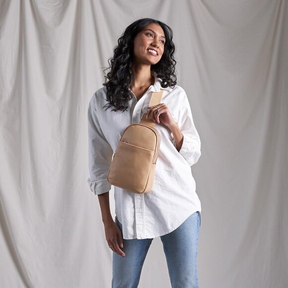 Cass leather sling bag for women, cream, 7.5" W x 11" H x 2" D, adjustable strap - Picture 3 of 7